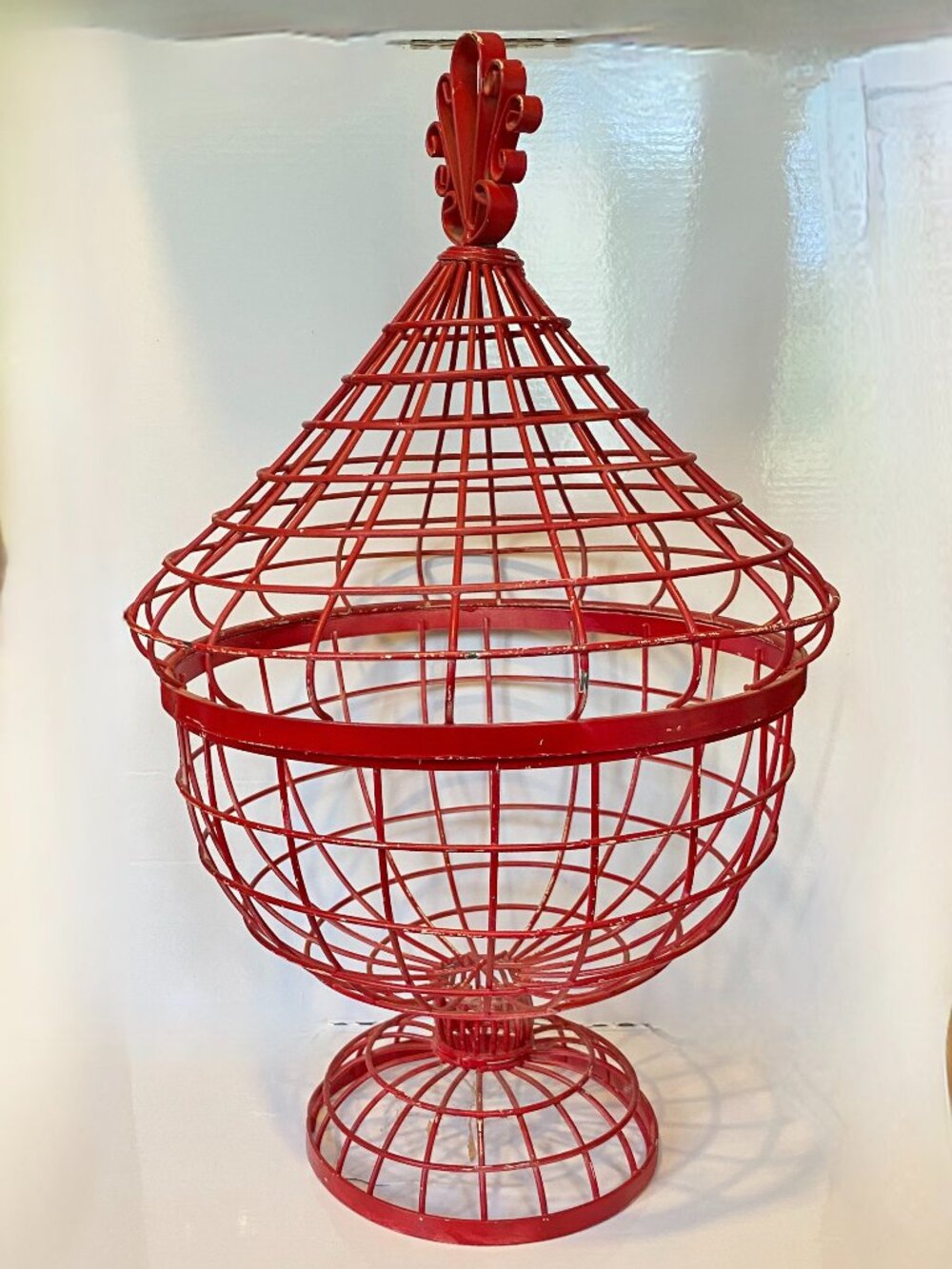 Antique Red French Wire Basket Pedestal Egg Cage Topiary Urn Marche Aux Puces